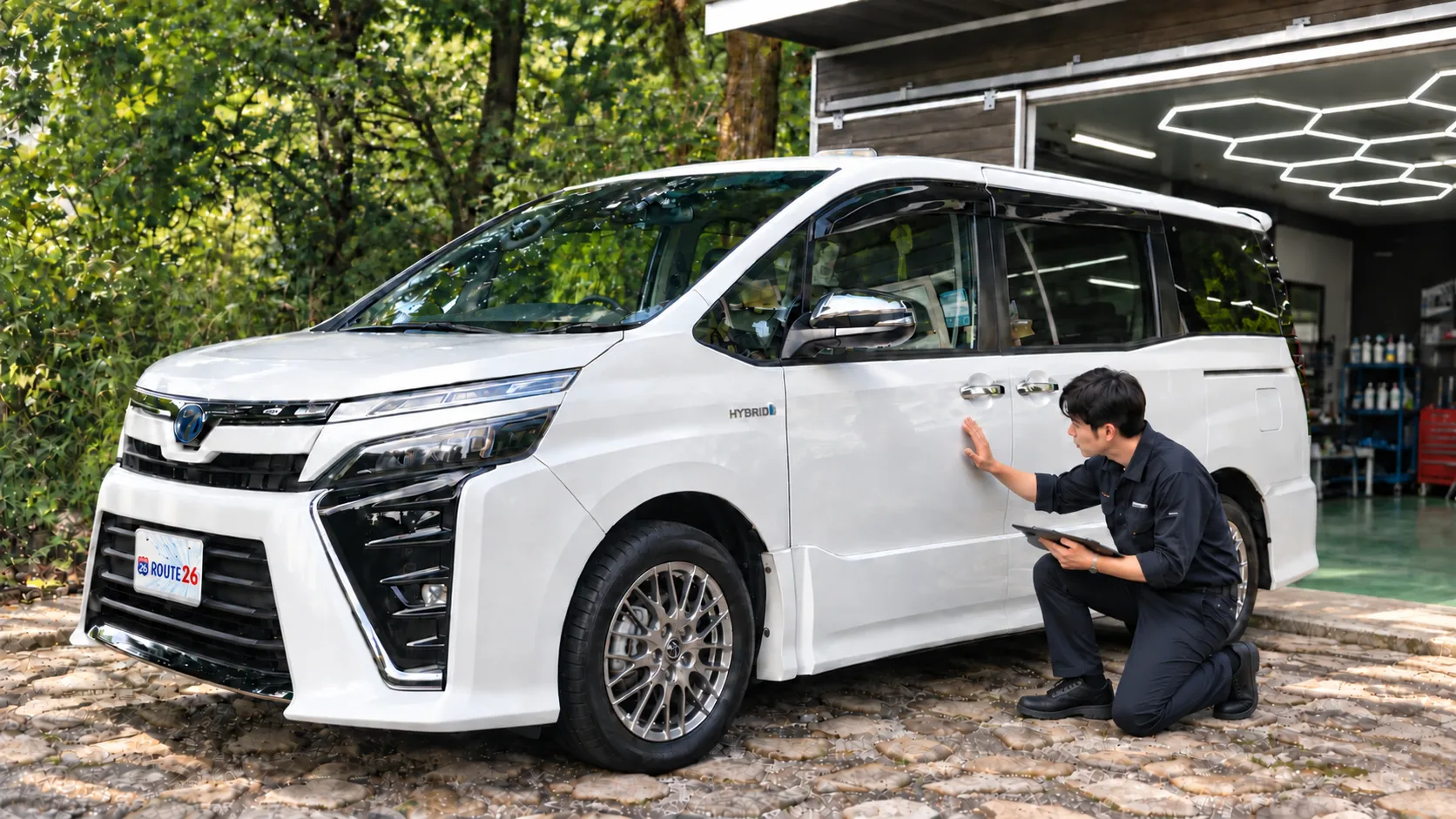 佐賀伊万里のガラスコーティング専門店ROUTE26で、施工後の白いミニバンをスタッフが納車前に最終確認している様子。
